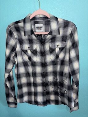 Harley-Davidson Black and White Plaid Metallic Wash Snap Down Shirt
